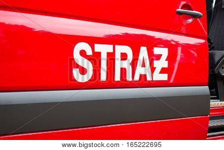 Poland Poznan -October 1 2016. Straz pozarna - sign Polish firefighters on the vehicle.