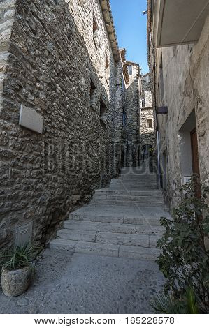 Spain Catalonia Girona Besalu. The first mention of the castle Besalu around which the town was formed refer to the X century . The stone streets of the ancient city.