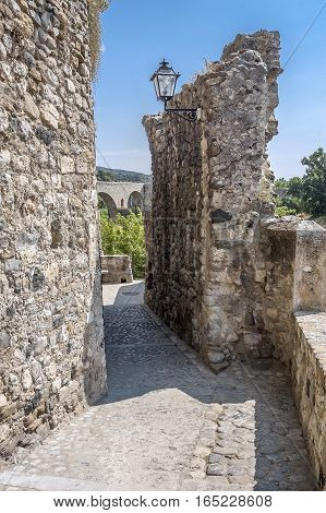 Spain Catalonia Girona Besalu. The first mention of the castle Besalu around which the town was formed refer to the X century . The stone streets of the ancient city.