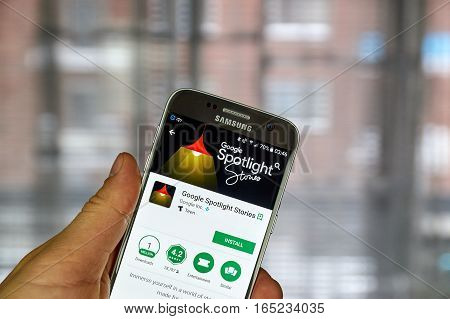 MONTREAL CANADA - DECEMBER 23 2016 : Google Spotlight Stories app on Samsung S7 screen. Google Spotlight Stories means storytelling for VR.
