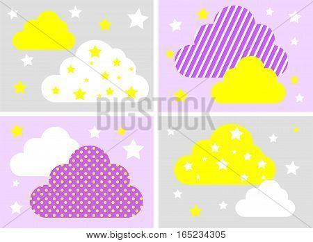 Set of background with night sky. stars and clouds in color of yellow, gray, white and purple. Vector Illustration