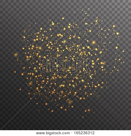 Gold glitter sparkles on transparent background. Vector golden dust texture. Twinkling confetti shimmering star lights.