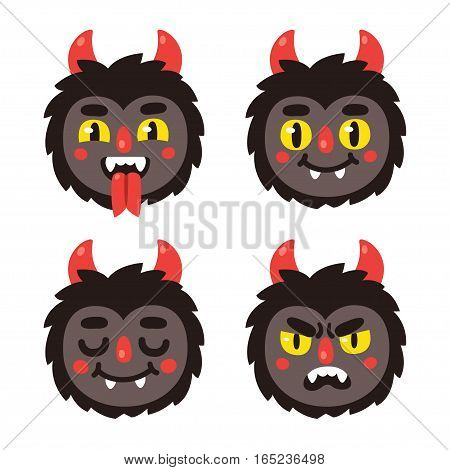 Cute cartoon demon making faces. Little black devil vector illustration set of different expressions.