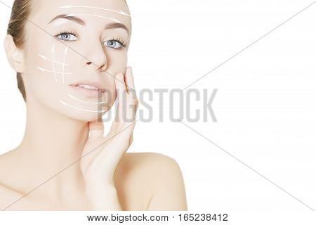 beautiful woman face with surgery marks on face