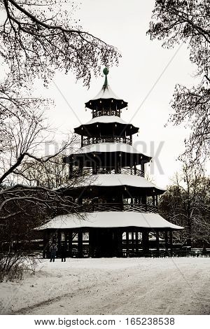 Chinese tower in munich winter time, bavaria