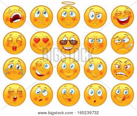 Smiley face icons or emoticons with set of different facial expressions in glossy realistic isolated in white background. Vector illustration