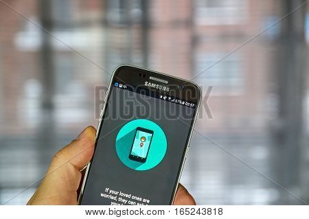 MONTREAL CANADA - DECEMBER 23 2016 : Google Trusted Contacts on Samsung S7 screen. Trusted Contacts is a personal safety app that opens a direct line of sharing between you and your loved ones.