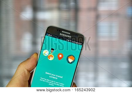 MONTREAL CANADA - DECEMBER 23 2016 : Google Trusted Contacts on Samsung S7 screen. Trusted Contacts is a personal safety app that opens a direct line of sharing between you and your loved ones.