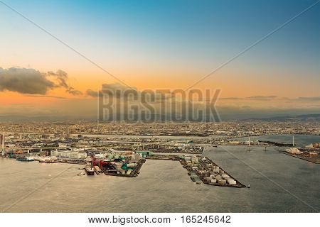 Osaka bay aerial view from the Cosmo tower at Osaka Japan