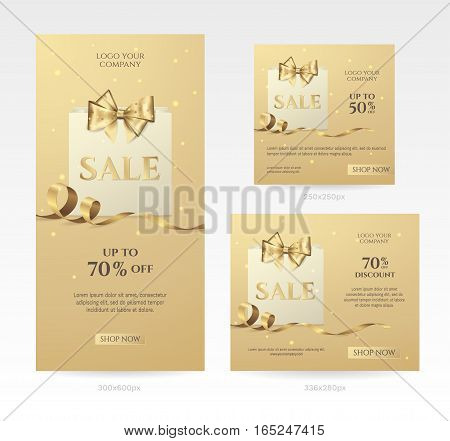 Set of elegant golden sale banners of different sizes with paper shopping bag, bow and ribbon. Vector background for discount offer and promotion design. Isolated from the background.