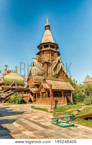Wooden Church Inside The Complex Izmailovskiy Kremlin In Moscow, Russia