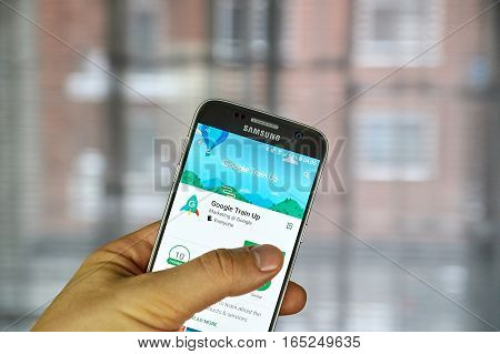 MONTREAL CANADA - DECEMBER 23 2016 : Google Train Up on Samsung S7 screen. The app is designed for retail sales professionals to keep users up to date on the latest Google products and services.
