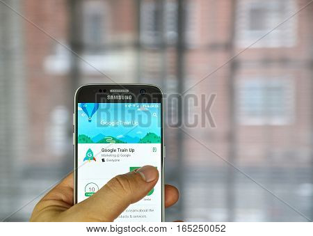 MONTREAL CANADA - DECEMBER 23 2016 : Google Train Up on Samsung S7 screen. The app is designed for retail sales professionals to keep users up to date on the latest Google products and services.