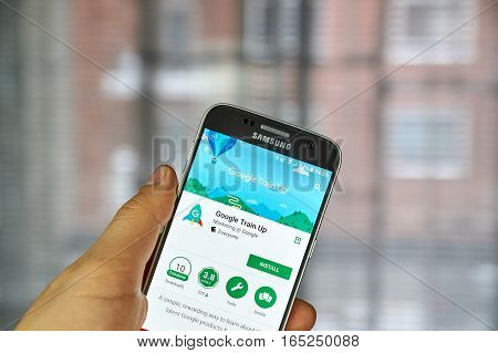 MONTREAL CANADA - DECEMBER 23 2016 : Google Train Up on Samsung S7 screen. The app is designed for retail sales professionals to keep users up to date on the latest Google products and services.