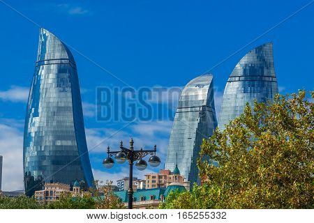 Flame Towers In Baku Cityscape.