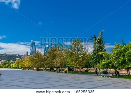 Flame Towers In Baku Cityscape.