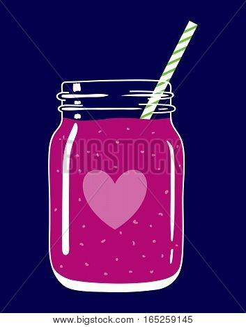 Fruit and berry smoothie in mason jar with striped straw and a heart. Romantic smoothie. Valentine's day drink. Fresh natural beverage, isolated. Vector hand drawn illustration eps10.