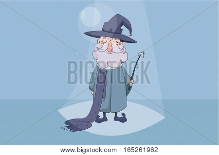 children s vector illustration. Good wizard holding a magic wand in his hand and smiling on blue background