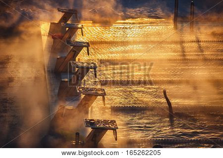 Morning Fog At Swimming Pool