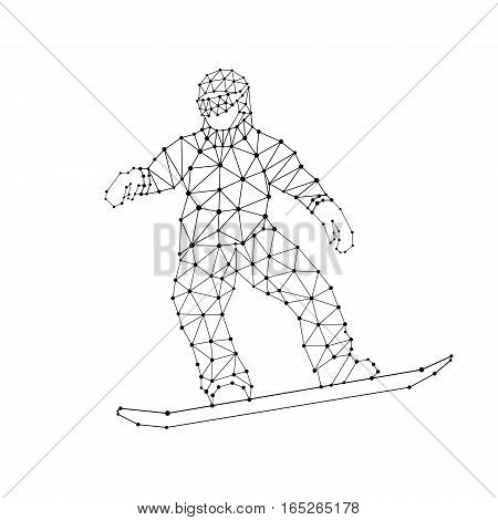 Low poly Snowboarder: stylized linear wire construction. Abstract polygonal geometric illustration