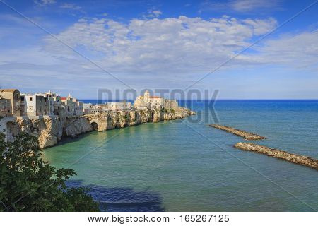 Gargano coast: bay of Vieste.-(Apulia) ITALY-Panoramic view of the old city.The medieval center perches on a small rocky peninsula:in the background the church of San Francesco.