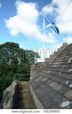A view of the saltire on the rooftop of Huntingtower castle