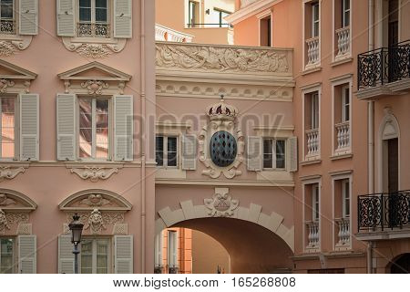 Architectural Detail With Monaco Coat Of Arms - Royal Arms Of Prince Albert Ii, Monarch And Head Of