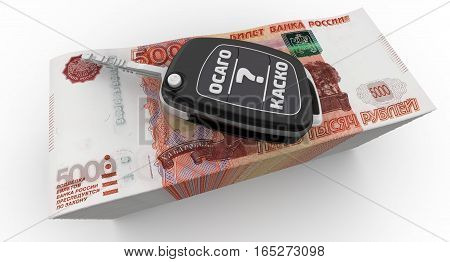 Questions about car insurance. Concept. Car key with the names of types of automobile insurance in the Russian Federation is on a pack of money from 5000 rubles. Isolated. 3D Illustration