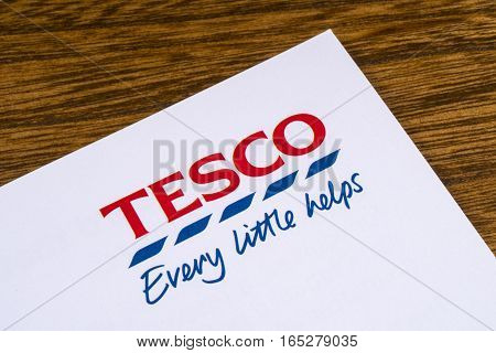 LONDON UK - JANUARY 13TH 2017: A close-up of the Tesco logo and slogan on a promotional leaflet on 13th January 2017.