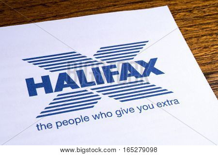 LONDON UK - JANUARY 13TH 2017: The logo for Halifax Bank on one of their information leaflets on 13th January 2017. Halifax is the UK's largest provider of residential mortgages and savings accounts.