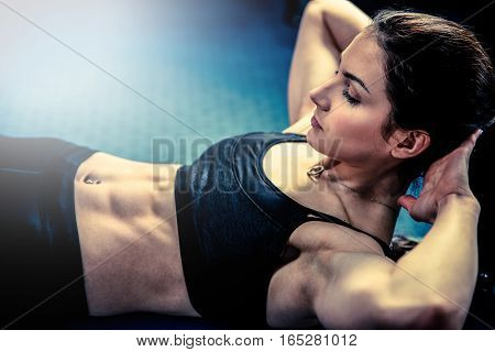 Attractive Fit Woamn Working Out Abs In Fitness Gym, Making Ab Intervals