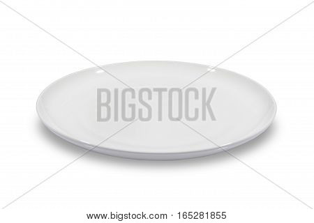 Flat empty white plate shallow on white background from side