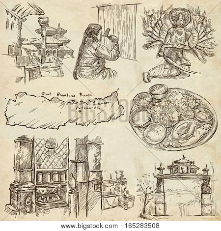 Travel NEPAL. Pictures of Life. Full sized hand drawing collection. Hand drawn illustrations. Pack of freehand sketches on old paper background. Traveling around Federal Democratic Republic of Nepal.