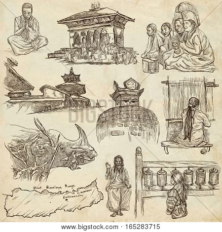 Travel NEPAL. Pictures of Life. Full sized hand drawing collection. Hand drawn illustrations. Pack of freehand sketches on old paper background. Traveling around Federal Democratic Republic of Nepal.