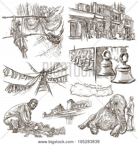 Travel NEPAL.Pictures of Life.Full sized hand drawing collection.Hand drawn illustrations.Pack of freehand sketches on white isolated pictures.Traveling around Federal Democratic Republic of Nepal.