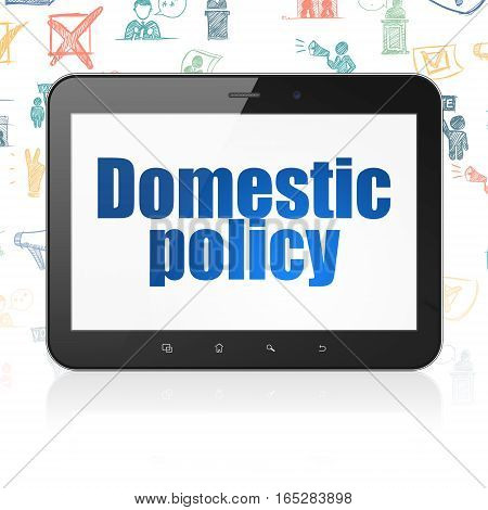 Political concept: Tablet Computer with  blue text Domestic Policy on display,  Hand Drawn Politics Icons background, 3D rendering