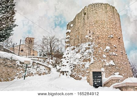 tower and church with snow in campobasso