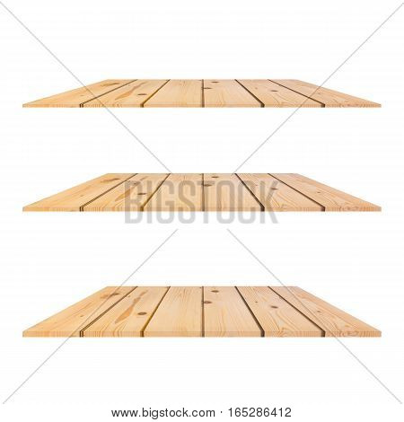 3 Wood Shelves Table isolated on white background with different perspective for decorative your product.