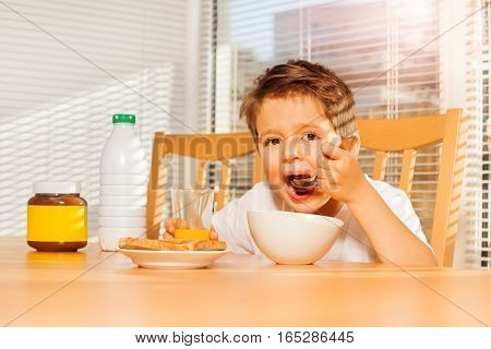 Adorable little boy eating corn flakes with milk and drinking orange juice in the kitchen