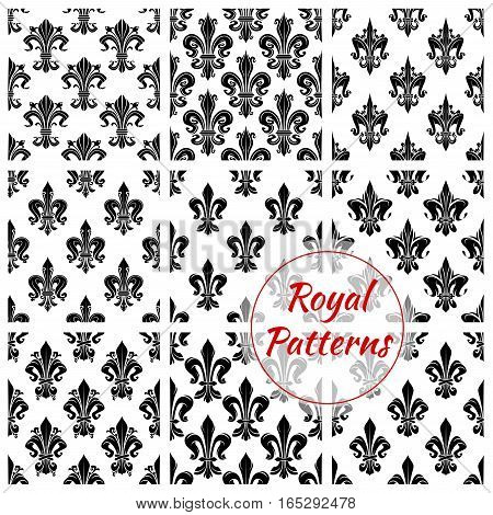 Luxurious royal flower pattern. Vector seamless set of royal french lily or fleur-de-lis ornament. Flourish and floral tile of flowery ornate baroque heraldic tracery. Embellishment motif of luxury imperial ornamental adornment for interior design