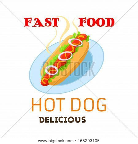 Hot dog vector emblem. Fast food meal or snack of grilled hot sausage in buns with onion vegetables and sauce mustard or ketchup on plate. Fastfood restaurant delivery or takeaway isolated sign