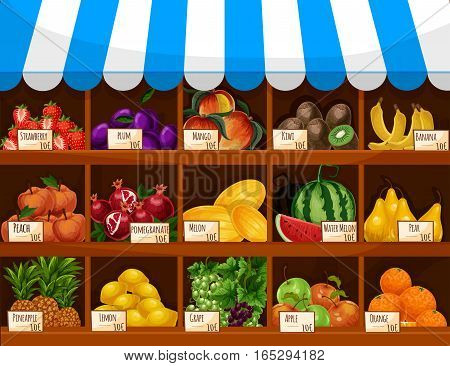 Fruit display of shop, store or market counter showcase stand. Fresh farm harvest of fruits and berries melon and watermelon, pear, grape and apple, orange, strawberry and plum, tropical mango, kiwi and exotic banana, pineapple, peach and pomegranate