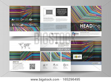 Set of business templates for tri fold square design brochures. Leaflet cover, abstract flat layout, easy editable vector. Bright color lines, colorful style with geometric shapes forming beautiful minimalist background.