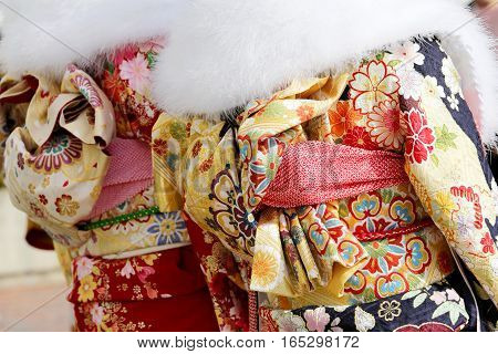 Back view of Japanese young women wearing traditional Kimono