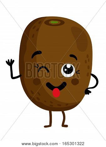 Cute fruit kiwi cartoon character isolated on white background vector illustration. Funny positive and friendly kiwi emoticon face icon. Happy smile cartoon face food emoji, comical fruit mascot