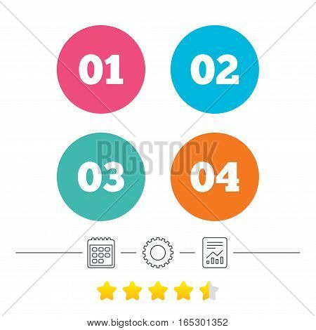 Step one, two, three and four icons. Sequence of options symbols. Loading process signs. Calendar, cogwheel and report linear icons. Star vote ranking. Vector