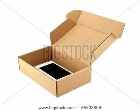 single white smartphone in open beige brown carton box isolated on white background, ordering and shipping technology products by mail, modern lifestyle gadget purchase and delivery