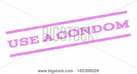 Use a Condom watermark stamp. Text tag between parallel lines with grunge design style. Rubber seal stamp with dust texture. Vector violet color ink imprint on a white background.
