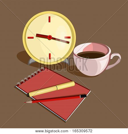 Flat design vector illustration. Business workplace with clock, cup of coffee, pen, pencil and notebook on the brown background