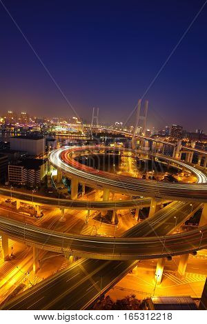 Aerial Photography At Shanghai Viaduct Overpass Bridge Of Night Scene